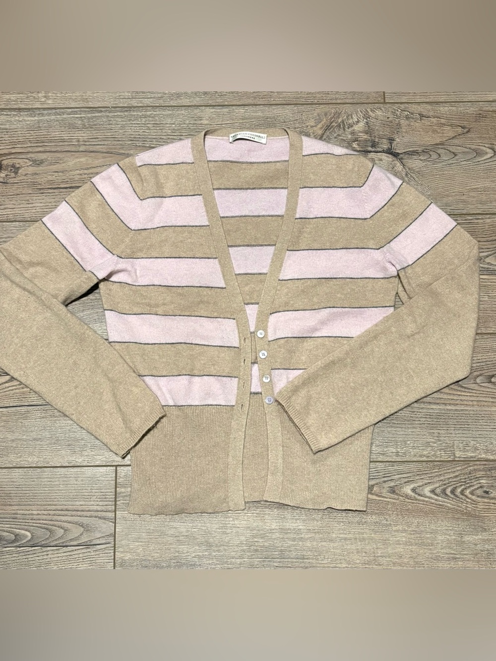 Brunello cucinelli cashmere pink tan striped varsity cardigan sweater small